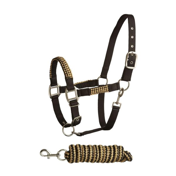 Bitz Soft Handle Two Tone Headcollar Lead Rope Black Gold Pony Hot on Sale