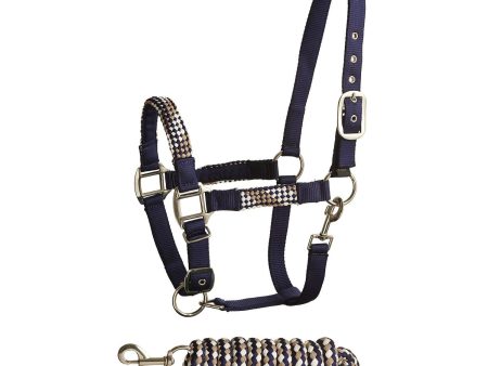 Bitz Soft Handle Two Tone Headcollar Lead Rope Navy Taupe Pony Sale